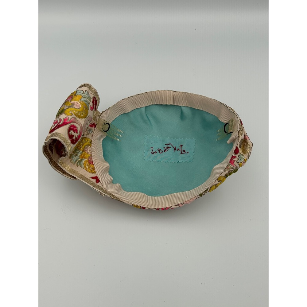 Vintage Jo Bailey Hats Embroidered Floral Pillbox Fascinator Gold Metallic Pink - Picture 6 of 13